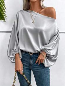 SHEIN 女款素色單肩休閒百搭日常旅行襯衫 - 灰色 - 查看 6