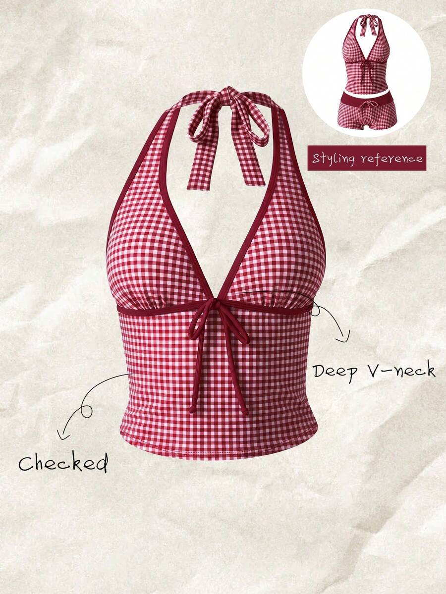 Elavelle Women's Spring/Summer Random Print Spaghetti Strap Bow Tank Bikini Top - Multicolor - View 1