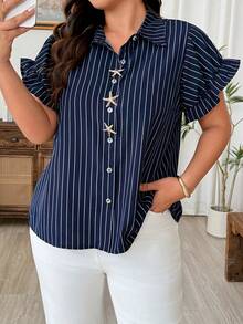 Weeklong Plus Size Classic Blue Striped Beach Commute Elegant Casual French Style Button Cardigan Shirt - Navy Blue - View 6
