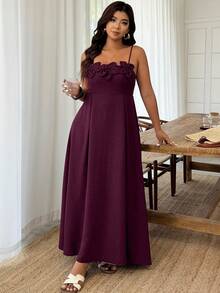 Weeklong Plus Size Women's Spring/Summer Spaghetti Strap Dress With 3D Floral Decor, Cinched Waist, A-Line Casual Elegant Wedding Formal Burgundy - Burgundy - View 4