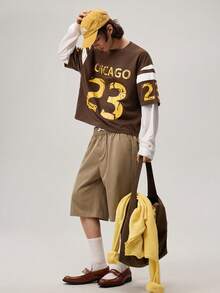 Vaulklash Loose Men's Shorts With Letter Patchwork And Drawstring Waist - Khaki - View 2