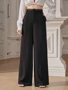 Anewsta Pantalones de traje negro de mujer de cintura alta con volantes, versátiles, casuales y de lino para vacaciones de verano - Negro - Ver 6