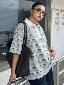 Dazy Plus 寬鬆街頭風拼色條紋 Polo 領長袖大尺碼女款 T 恤，秋季圖案印花校園風上衣 - 藍色 - 查看 6