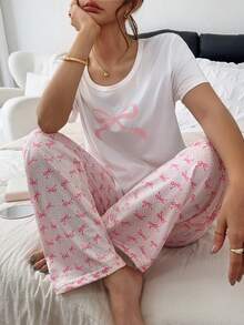 Dream Adore Pink Bow Print Short Sleeve & Long Pants Pajama Set, 2 Pieces - Multicolor - View 5