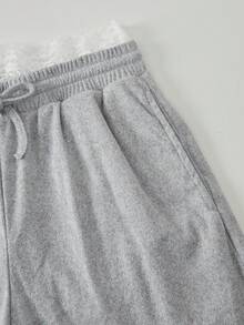 SHEIN Sparklyn Teen Girls Wide Leg Lace Patchwork Drawstring Waist Pocket Casual Sweatpants, Fall, Minimalist, Back To School, Outfit - Light Grey - View 5