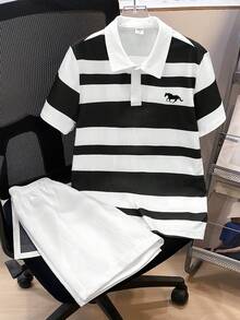 SHEIN 2件/套 男童休閒條紋領 Polo 衫與白色短褲運動褲套裝，適用於開學、生日、派對、婚禮、洗禮、開幕典禮、旅行、運動，春/夏 - 黑色 - 查看 2