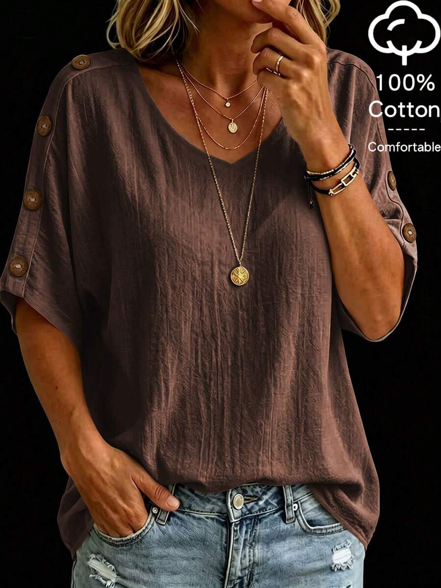 Linhara CURVE Plus Size Women's Textured Fashion Button Shirt For Vacation And Daily Wear - Brown - View 1