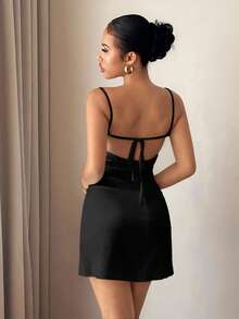 Slaydiva Summer Sexy Elegant Sweet Girl French Birthday Party Club Night Out Gathering Vacation Bustier Lace Patchwork Slim Fit Satin Black Dress - Black - View 2