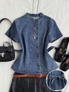 Attitoon Women's Summer Casual Short Sleeve Tie Waist Denim Top Fall Clothes Back To School Going Out Top Elegant Blouse Women Casual Blouses For Women - Medium Wash - View 1