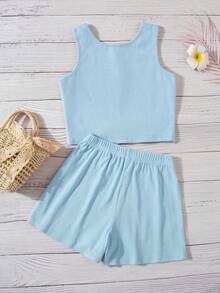 SHEIN Sparklyn 2 قطعة/مجموعة ملابس كاجوال للفتيات المراهقات، توب بدون أكمام وشورتات محبوكة متعددة الألوان - الأزرق - مشاهدة 2