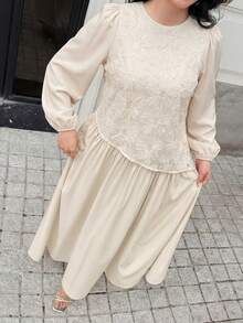 Feyla Plus Size Women's Jacquard Round Neck Pleated Casual Party Dress - Apricot - View 3