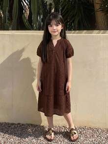 Dazy Kids 女童純色V領休閒日常夏季洋裝 - 棕色 - 查看 2