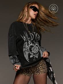 BAD SUNDAY Women's All-Season Print Distressed 2 In 1 Crew Neck Long Sleeve T-Shirt, Y2K Vintage Graphic Grunge Concert Dark Grey Brown Zebra Print Fall - Black - View 6