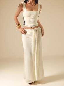 SHEIN PETITE Apricot Ruched Bandeau Top & Low Waist Ruched Flowy Maxi Skirt 2 Pieces Set, Beach Holiday Outfit, Summer Boho Backless, Women's Concert Attire, Bridesmaid 2 Pieces,Work Outfits For Women ,Petite Women - Apricot - View 4