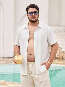 Mercer Haus Plus Size Men's Casual Basic Striped Lightweight Breathable Button-Down Short Sleeve Shirt - White - View 3