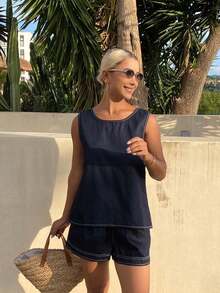 Livesso Summer Autumn Cotton Boat Neck Sleeveless Solid Navy Blue Slim Fit Contrast Stitch Denim Top With Shorts Women's Denim Set Everyday Casual - Blue - View 4