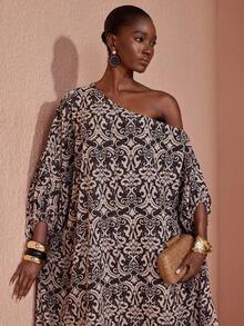 JIAN LASALA Multicolor All-Over Print Chiffon Off-Shoulder Women Boho Maxi Dress Batwing Sleeve - Multicolor - View 3