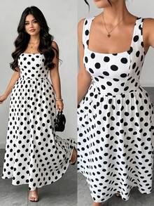Rometta Vestido vintage de mujer talla grande de verano, nuevo, de gasa, con lunares blanco y negro, cuello cuadrado y cintura con cordón, que estiliza la figura. Adecuado para el uso diario, citas, compras, vacaciones/viajes, playa - Blanco y Negro - Ver 2