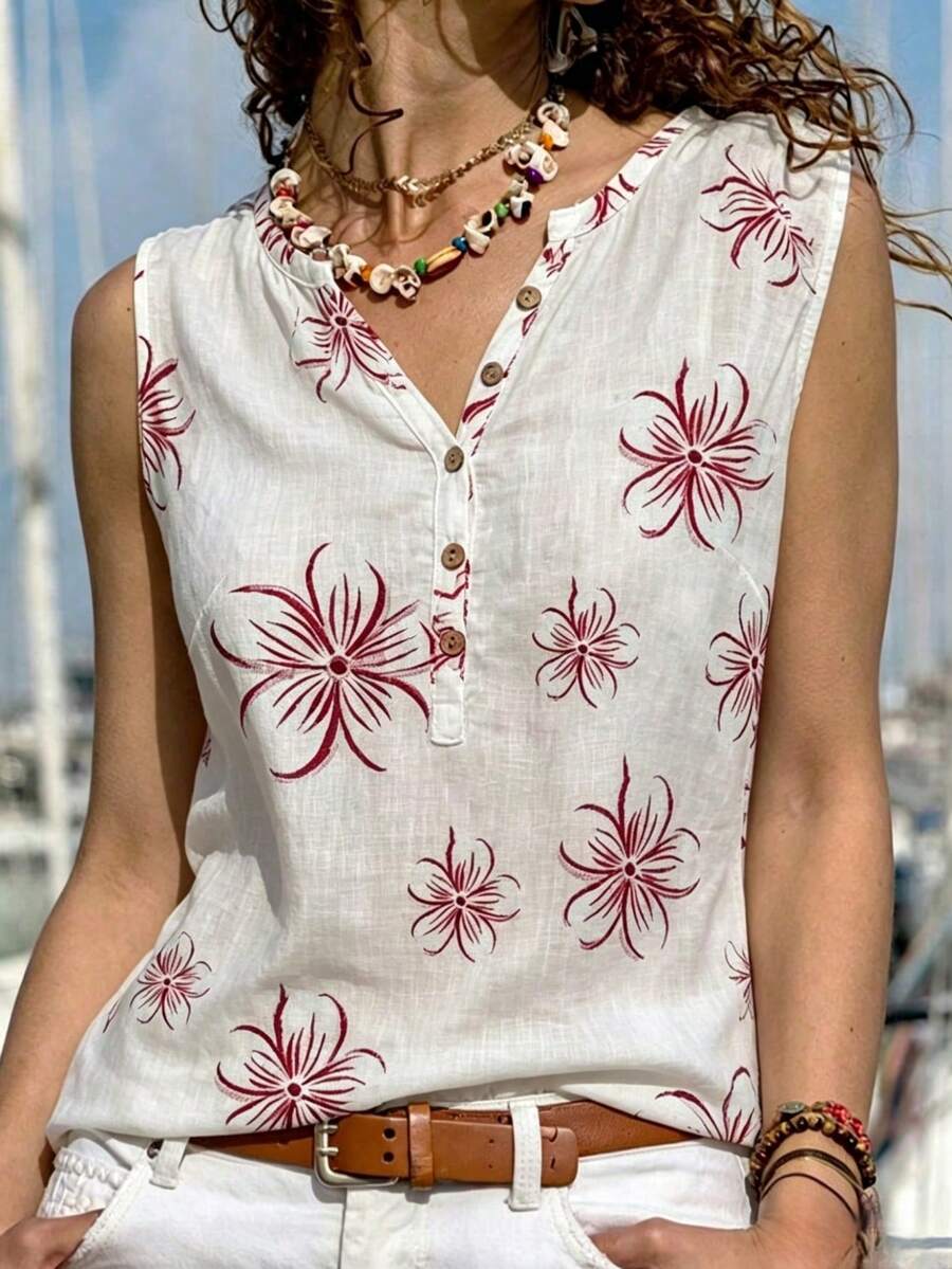 SHEIN Holidaya 夏季休閒花卉印花背心 - 紅色 - 查看 1