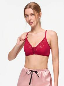 Bonmuse 1pc Women's Casual Wireless Lace Bra With Adjustable Straps, Sexy & Breathable - Red - View 7