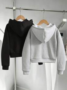 SHEIN 青少年女孩黑色淺灰色長袖純色時尚蝴蝶結拉鍊外套 秋冬舒適加厚抓絨內裡校園寬鬆款 - 彩色 - 查看 3