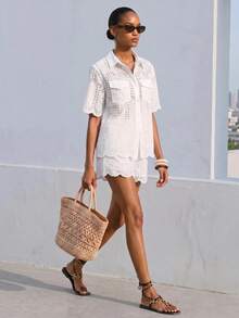 Maija Women's White Eyelet Embroidery Hollow Design Shirt & Shorts 2-Piece Set, Casual Elegant Summer Holiday Vacation Outfits Holiday Style - White - View 7