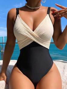 Swim Lushoire 1pc Striped Special Fabric Crossed Chest Monokini Swimsuit For Summer Beach Vacation - Multicolor - View 4