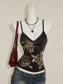 SHEIN ICON Y2K夏季女士外出复古波西米亚风度假闪亮亮片刺绣吊带背心 - 黑色和金色 - 查看 3