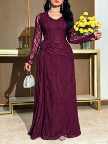 Modelyn 大尺碼女款蕾絲拼接抓皺收腰優雅派對休閒洋裝 - 中紫紅色 - 查看 6