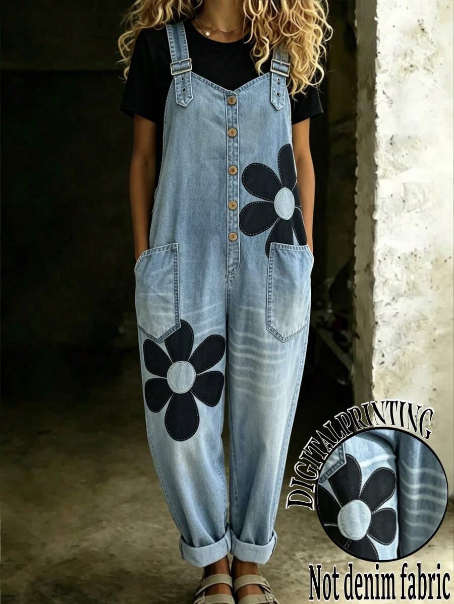 Linhara CURVE Plus Size Women's Floral Print Pocket Casual Everyday Denim Overalls - Blue - View 1