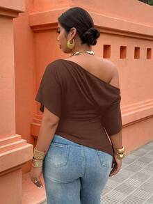 Elenzga Plus Size Women's Asymmetric Collar Sleeveless Casual T-Shirt Top, Spring/Summer - Brown - View 2