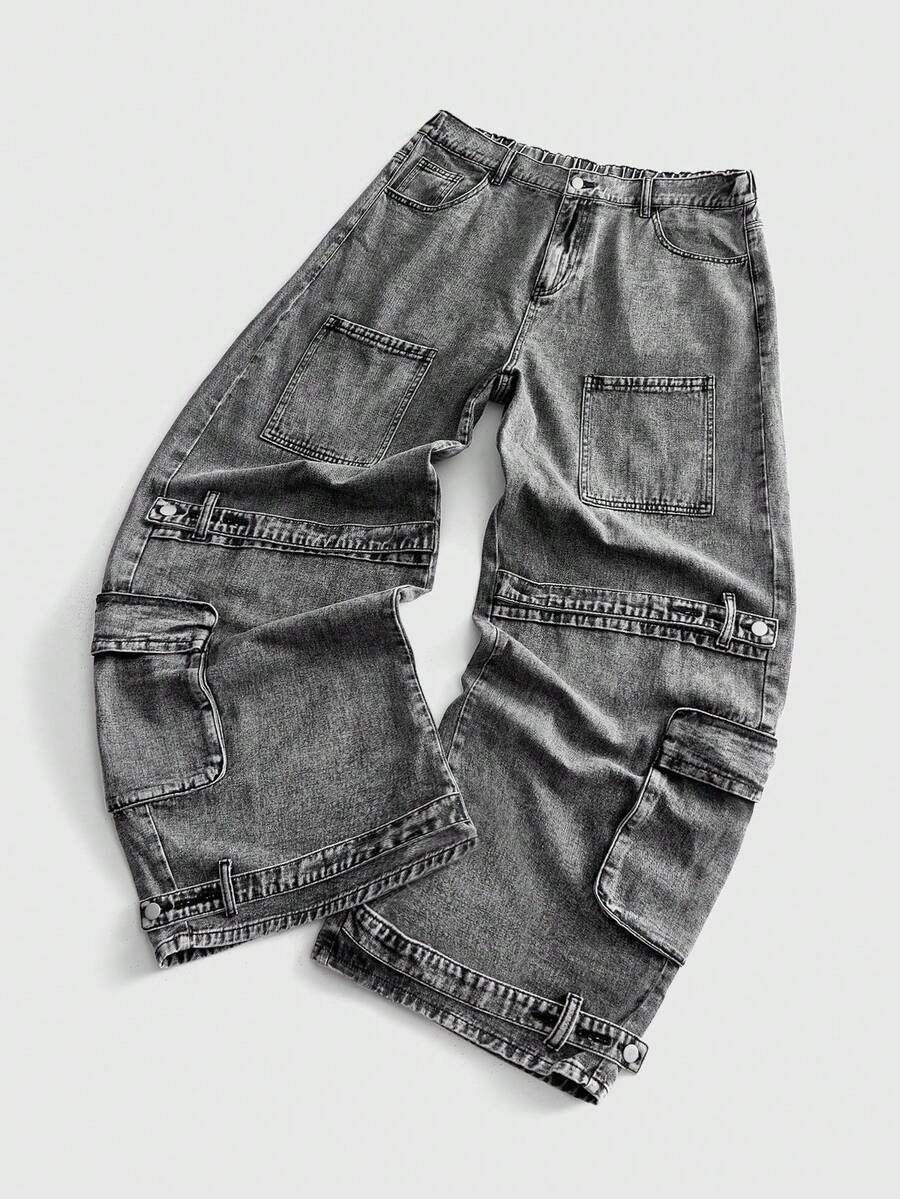 ROMWE MEN Street Life 男士大尺碼休閒水洗工裝牛仔長褲 - 灰色 - 查看 1