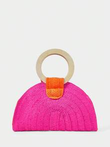 SHECARRY Ladies Round Wooden Arm Two-Color Straw Woven Handbag, Fashionable, Elegant, Simple ,  For Beach Holidays, Festivals, Summer Beach Party - Hot Pink - View 4