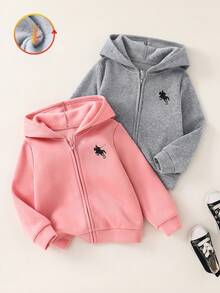 SHEIN 最便宜女童買1送1，2件/組，女童純色連帽寬鬆休閒衛衣，度假風，休閒學院風，適合秋冬，日常休閒穿著，校園穿著，聖誕節，女童冬季服飾，聖誕套裝，派對套裝，日常校園穿著 - 粉色 - 查看 2