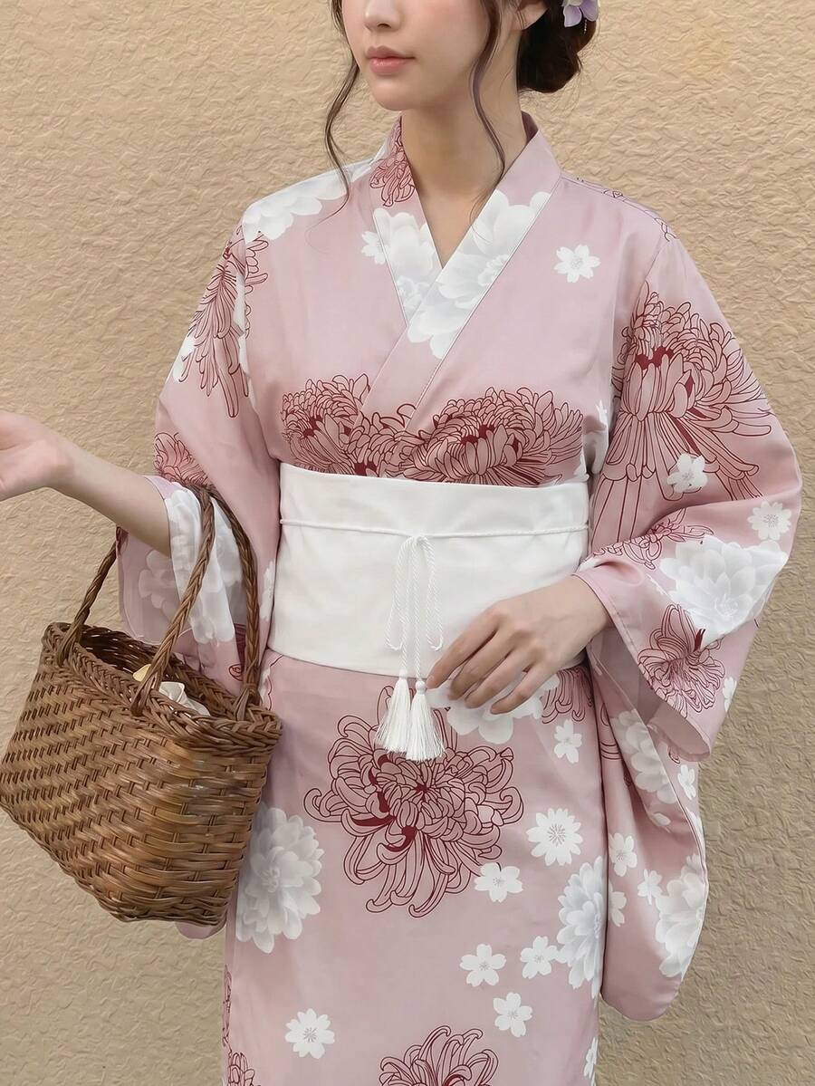 Irokai 日式優雅傳統羅馬風保守復古花卉印花浴衣(不含扇子)度假摩洛哥假期加勒比粉色夏季 - 彩色 - 查看 1