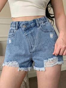 Girls' Denim Shorts, Light Blue Washed Distressed Frayed Hem Denim Shorts, Asymmetrical Elastic Waist Design, Loose Fit Casual Versatile Y2K Summer Street Style Girls' Shorts, Suitable For Daily Outings, School, Commuting, Summer Vacation, Outdoor And More Occasions - Blue - View 3