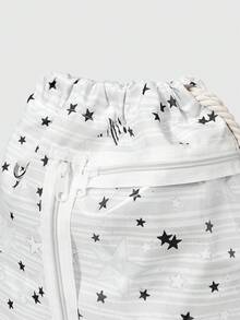 ROMWE Anime Mochila de cordón blanco de gran capacidad y multifuncional con estampado de estrellas kawaii, estilo de animación lindo, adecuada para la escuela y el transporte - Blanco 1 - Ver 5