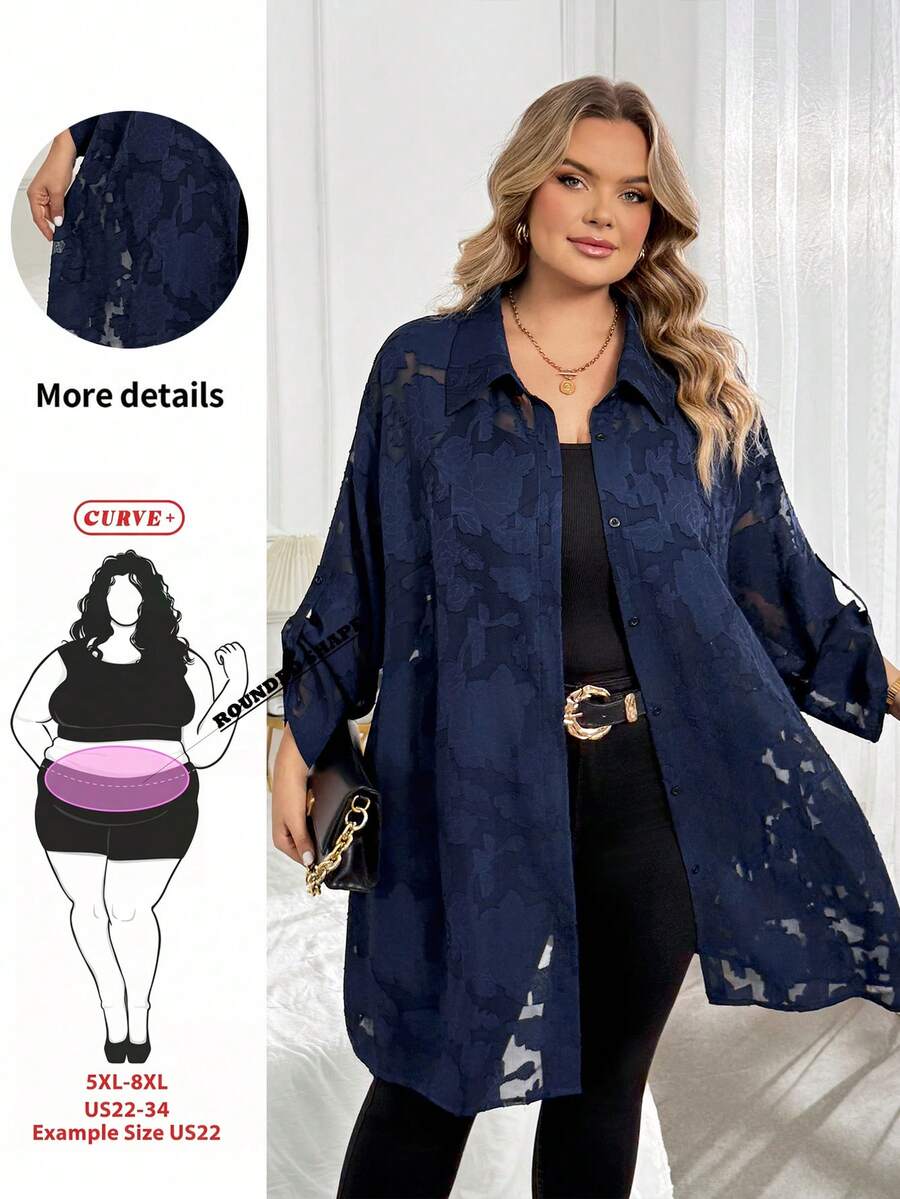 SHEIN CURVE+ 大尺碼雪紡襯衫,長袖飄逸上衣,復古優雅風格,2026秋冬 22W - 綠色 - 查看 1