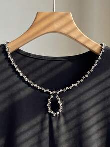 Rusticease Middle-Aged Women's Rhinestone Decorated Contrast Lace Short Sleeve T-Shirt - Black - View 3