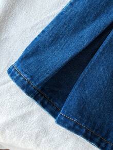 Girls' Autumn/Spring Denim 2-Piece Set, Baby Blue Washed Denim Jacket With Pockets, Rhinestone Bow, High-Waist A-Line Skirt, Pleated Design, School - Blue - View 6