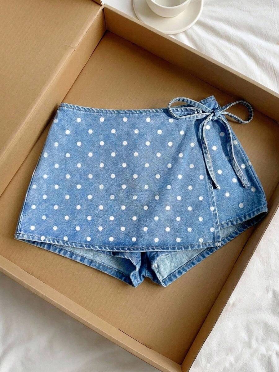 CovetEZ 女款圓點休閒百搭日常牛仔裙褲