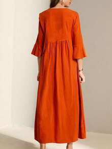 Al Najma Geo Embroidery Notched Neck Flounce Sleeve Smock Dress - Orange - View 2
