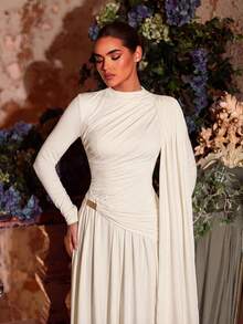Aureia Elegant Formal Glamorous Elastic Knit Metallic Pleated Decor Round Neck Long Sleeve A-Line Dress With Flutter Sleeves, Suitable For Party Evening - Apricot - View 3