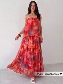 Firerie Women's Elegant Tropical Romantic Beach Vacation Party Date Afternoon Tea Sister Gathering Braided Red Orange Print Mesh Sheer Draped Tube Top Dress - Multicolor - View 4