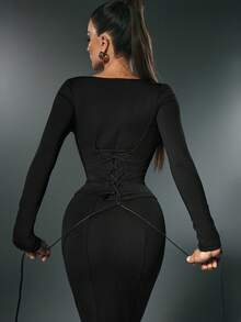 Nuvra Elegante y versátil blusa de mujer de cuello cuadrado, unicolor, de manga larga, ajustada y con cremallera decorativa - Negro - Ver 3