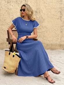 SHEIN Frenchy Women's Piped Round Neck Ruffle Short Sleeve Elegant Mid-Length Dress - Blue - View 7