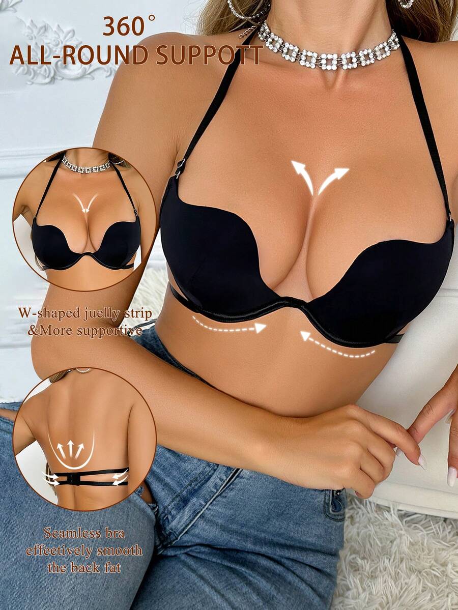 SHEIN 1pc Women Solid Color Backless Halter Neck Bra - Black - View 1