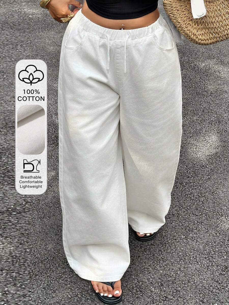 Dazy Plus 抽绳腰带松紧腰白色水洗牛仔裤,休闲都市风,大码女装,四季皆宜 - 白色 - 查看 1