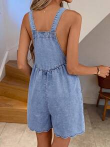 SHEIN LUNE 女款鈕扣百褶休閒日常外出牛仔吊帶短褲 - 黑色 - 查看 2