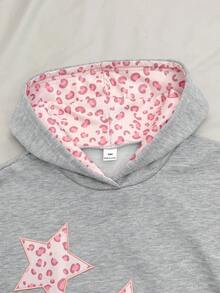 SHEIN 秋冬青少年女孩寬鬆休閒時尚可愛粉色豹紋刺繡套頭衛衣，適合日常通勤、休閒、度假、姐妹聚會、街拍 - 灰色 - 查看 4